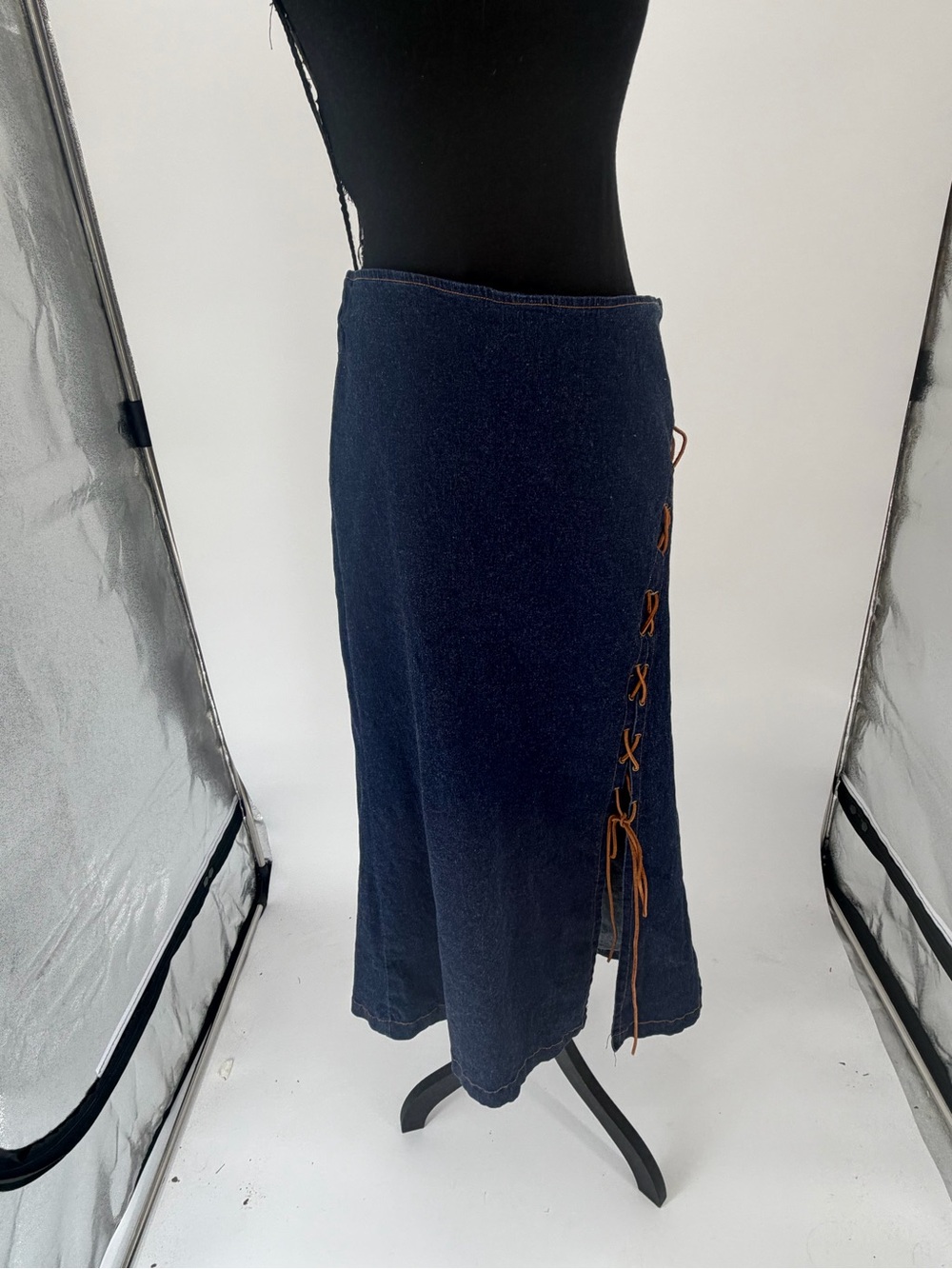 One Wrapper Denim Maxi Skirt Dark Wash Side Lace Up Western Boho Size Large